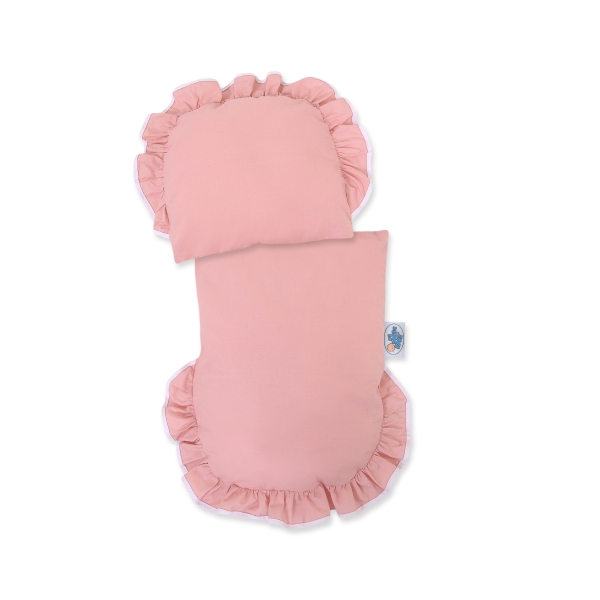 Rieten Poppenwagen met Beddengoedset Stofroze