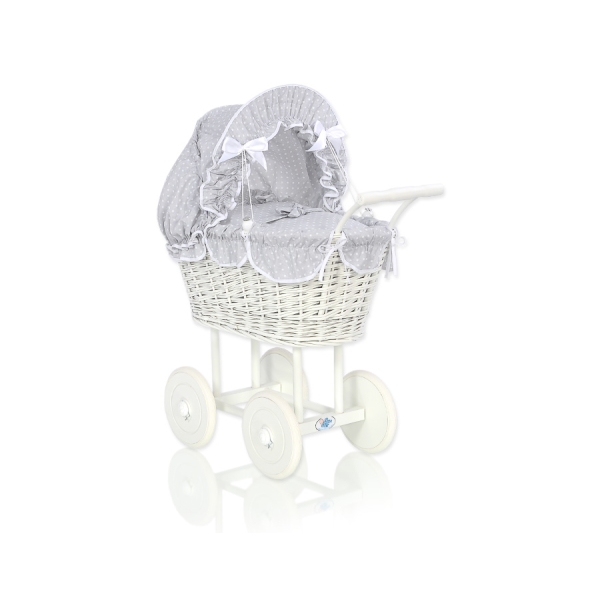 Rieten Poppenwagen met Beddengoedset Wit Grijs Polkaprikker