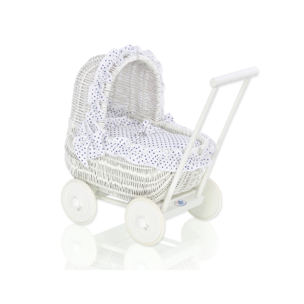 Rieten Poppenwagen met Beddengoedset Wit Marineblauw Polkaprikker
