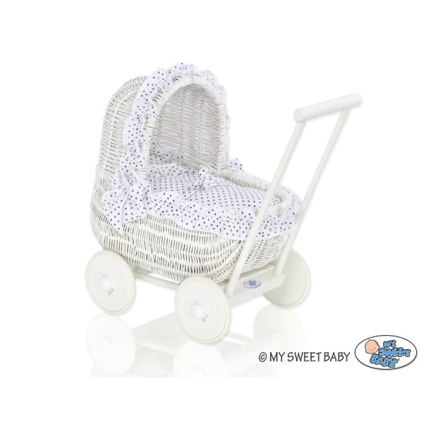 Rieten Poppenwagen met Beddengoedset Wit Marineblauw Polkaprikker