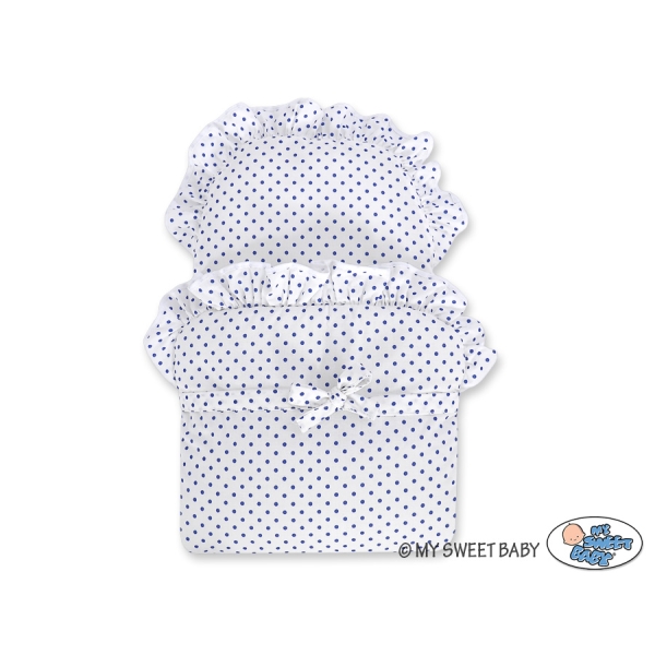 Rieten Poppenwagen met Beddengoedset Wit Marineblauw Polkaprikker