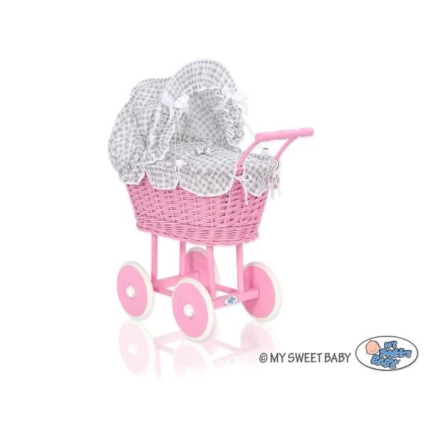 Rieten poppenwagen met kap