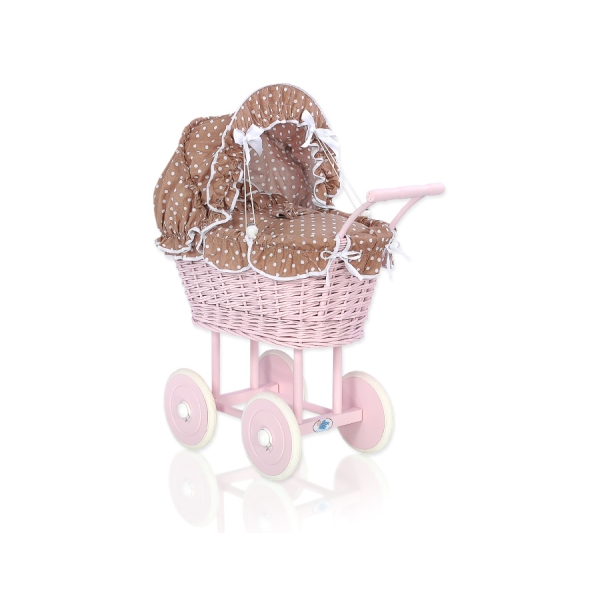 Rieten poppenwagen met kap Bruin Polkaprikker Stofroze
