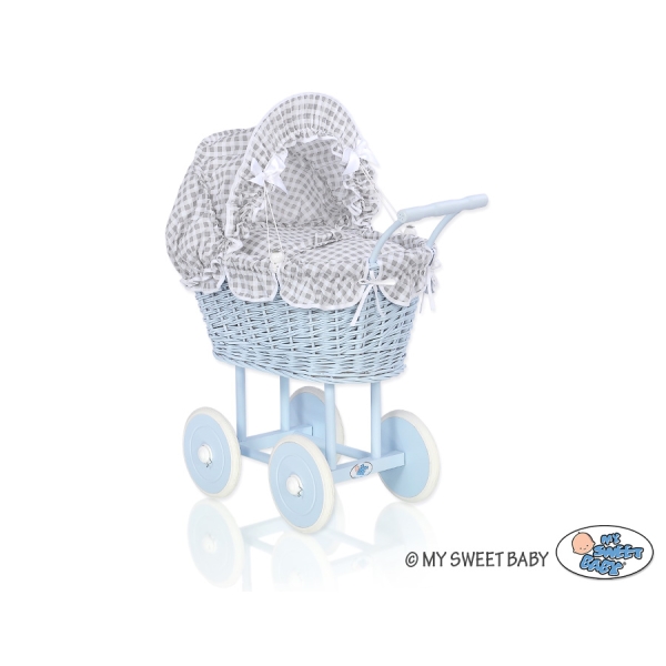 Rieten poppenwagen met kap Grijs Blauw Geruit