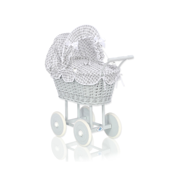 Rieten poppenwagen met kap Grijs Geruit