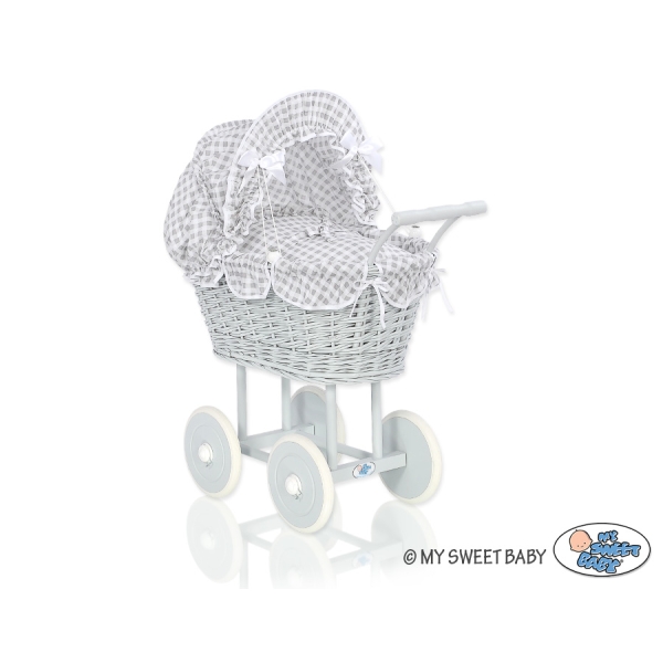 Rieten poppenwagen met kap Grijs Geruit