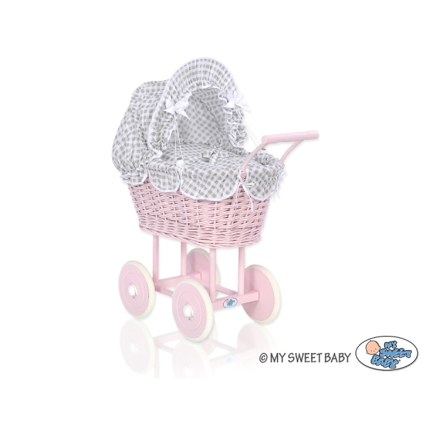 Rieten poppenwagen met kap Grijs Geruit Stofroze