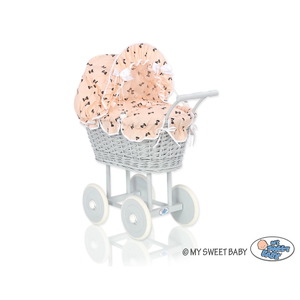 Rieten poppenwagen met kap Grijs Lussen