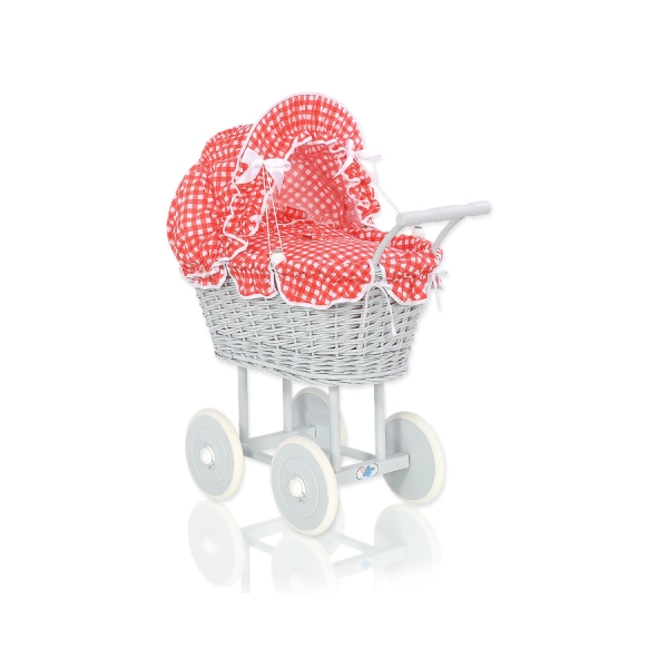 Rieten poppenwagen med kap grijs