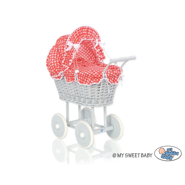 Rieten poppenwagen met kap Grijs Rood Geruit