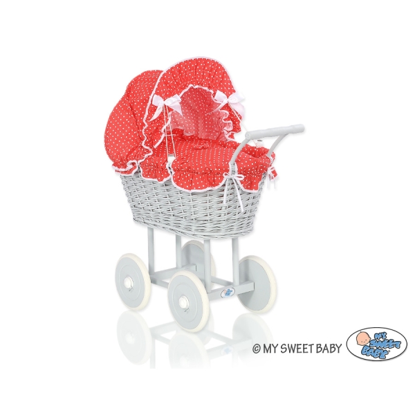 Rieten poppenwagen met kap Grijs Rood Polkaprikker