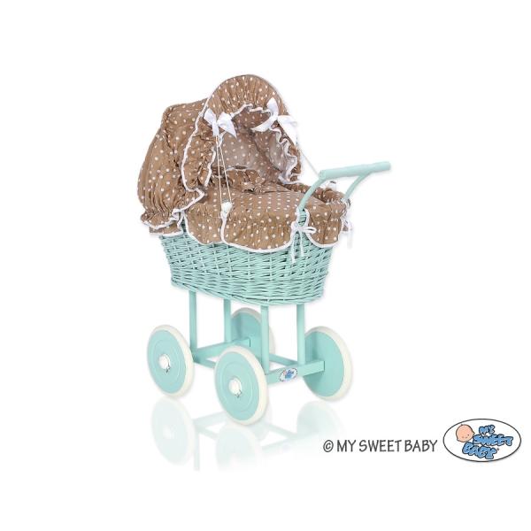Rieten poppenwagen met kap Mint Bruin Polkaprikker