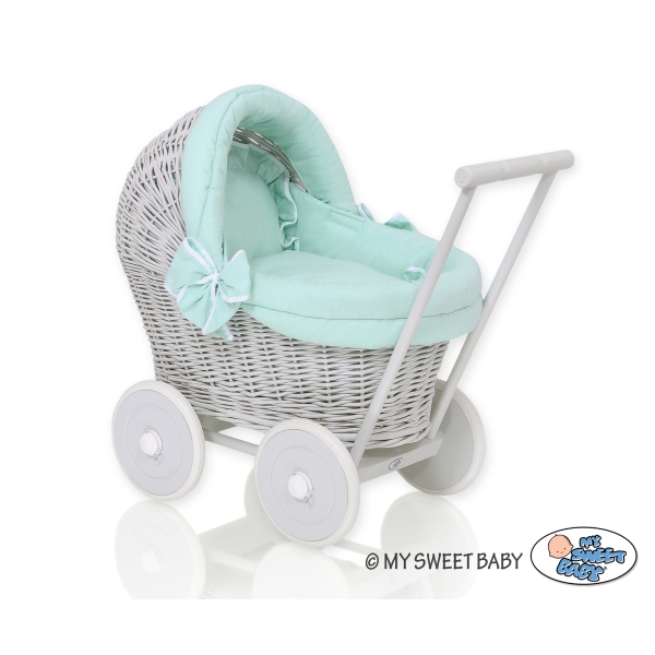 Rieten poppenwagen met kap Mint Grijs