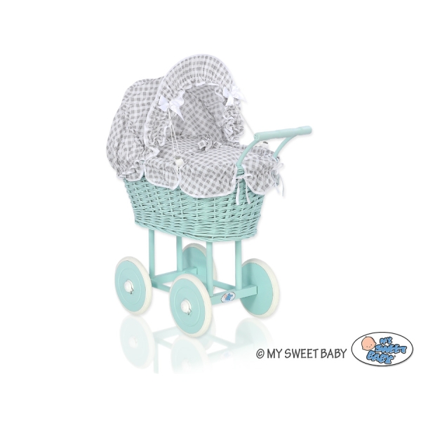 Rieten poppenwagen met kap Mint Grijs Geruit