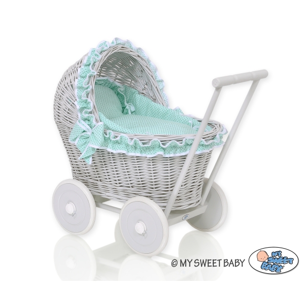 Rieten poppenwagen met kap Mint Grijs Polkaprikker