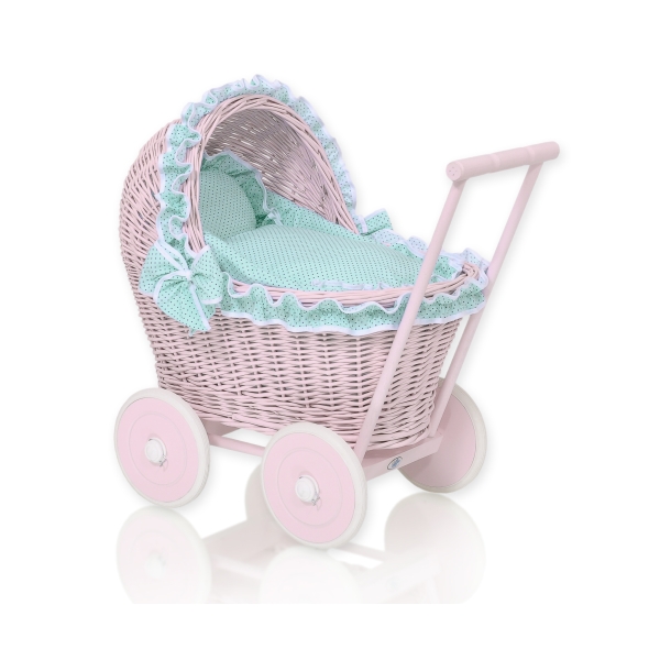 Rieten poppenwagen met kap Mint Polkaprikker