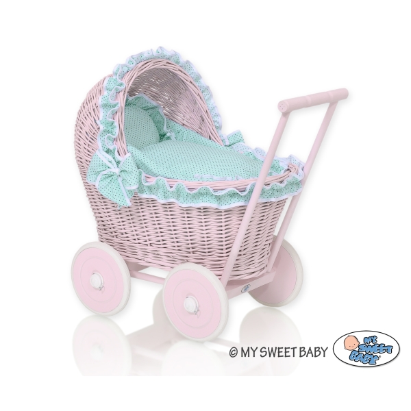 Rieten poppenwagen met kap Mint Polkaprikker