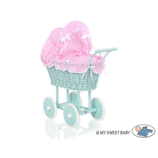 Rieten poppenwagen met kap Mint Roze Geruit