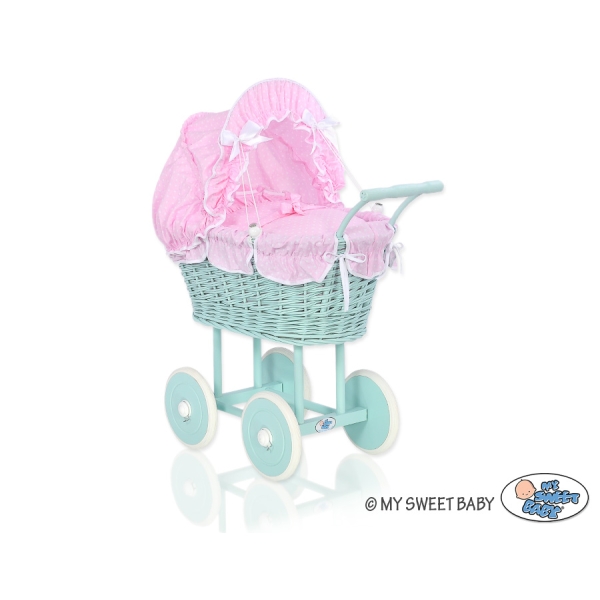 Rieten poppenwagen met kap Mint Roze Wit Polkaprikker