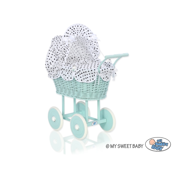 Rieten poppenwagen met kap Mint Wit Zwart Polkaprikker