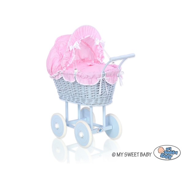 Rieten poppenwagen met kap Roze Blauw Geruit