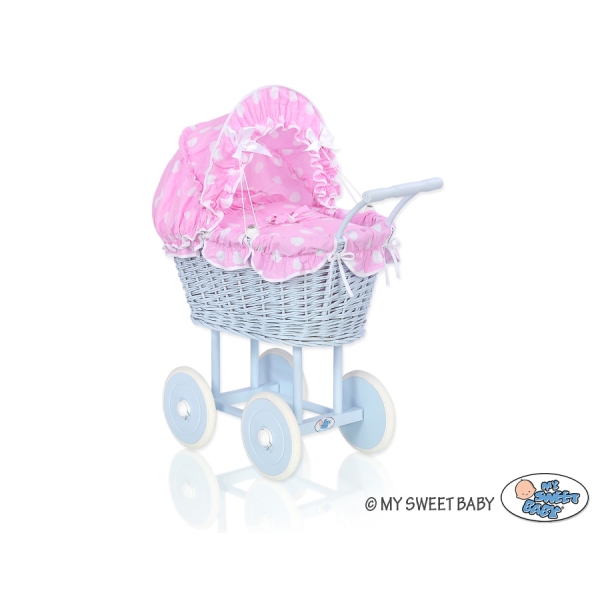 Rieten poppenwagen met kap Roze Blauw Polkaprikker