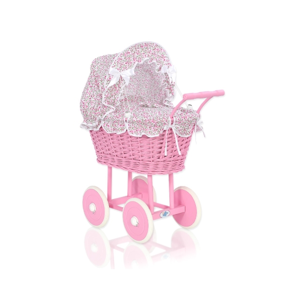 Rieten poppenwagen met kap Roze Bloemenweide Bloemen