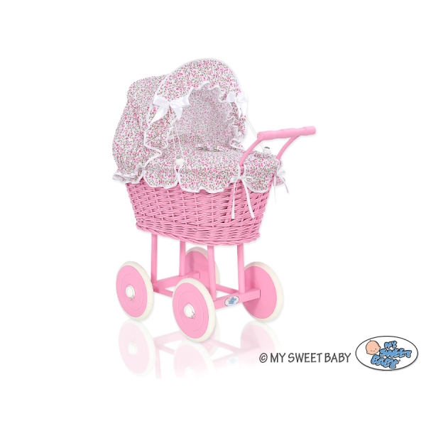 Rieten poppenwagen met kap Roze Bloemenweide Bloemen