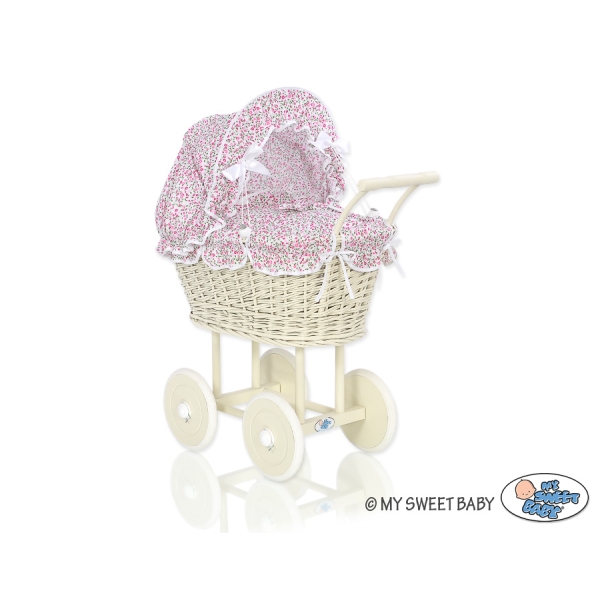 Rieten poppenwagen met kap Roze Bloemenweide Bloemen