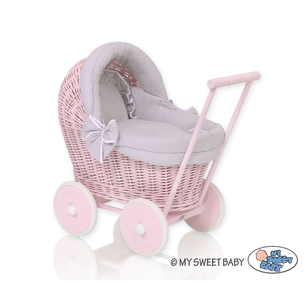 Rieten poppenwagen met kap Roze Grijs