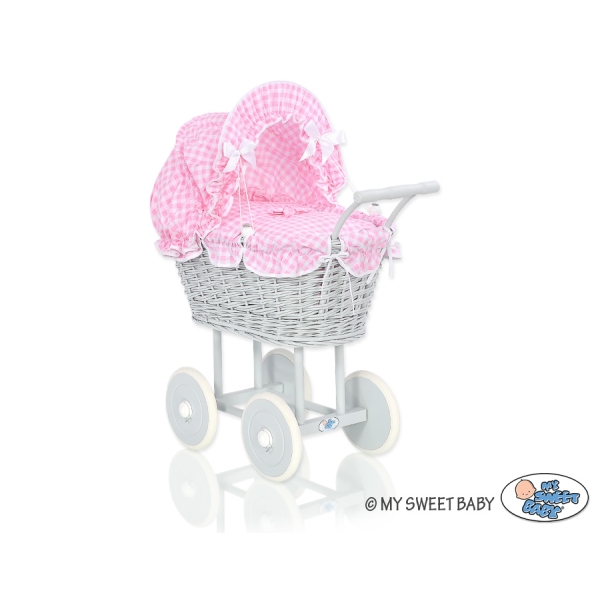 Rieten poppenwagen met kap Roze Grijs Geruit