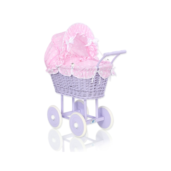 Rieten poppenwagen met kap Roze Purper Polkaprikker