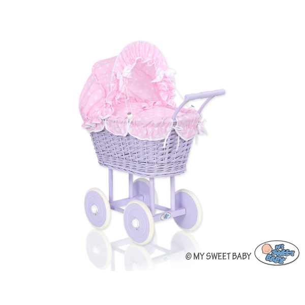 Rieten poppenwagen met kap Roze Purper Polkaprikker