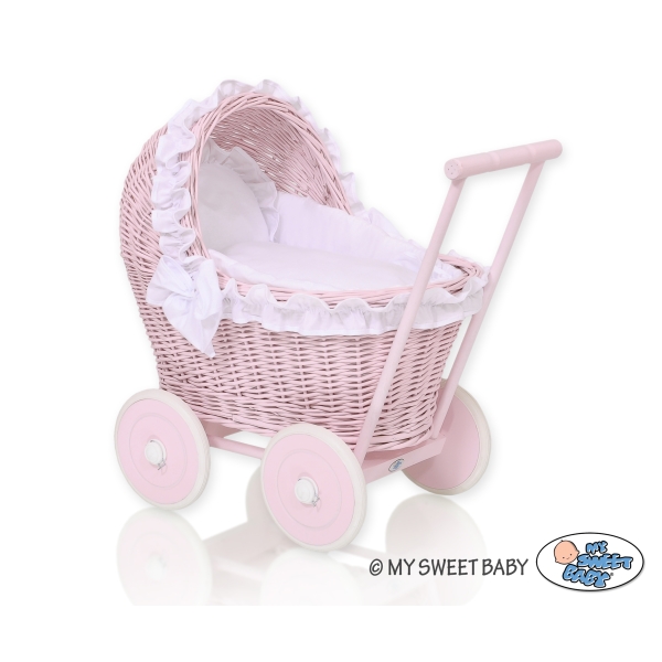 Rieten poppenwagen met kap Roze Wit