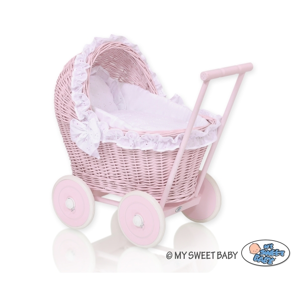 Rieten poppenwagen met kap Roze Wit