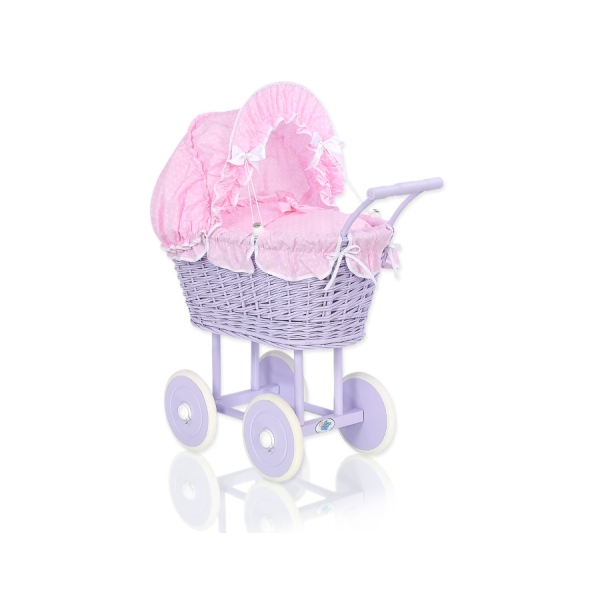Rieten poppenwagen met kap Roze Wit Purper Polkaprikker
