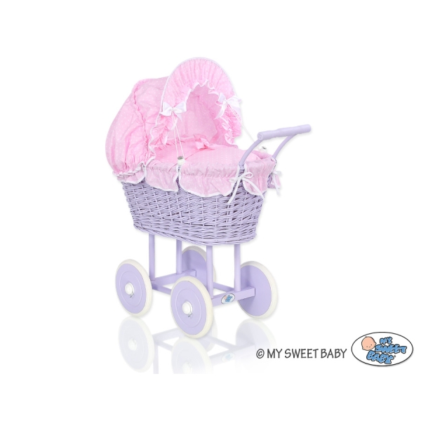 Rieten poppenwagen met kap Roze Wit Purper Polkaprikker