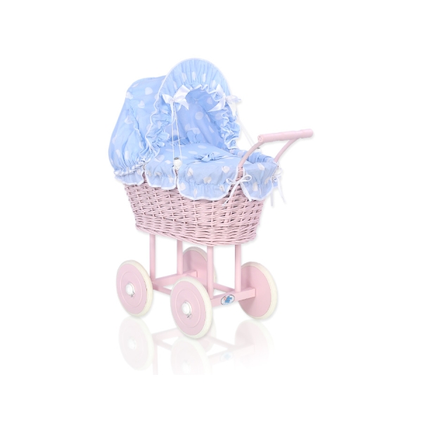 Rieten poppenwagen met kap Stofroze