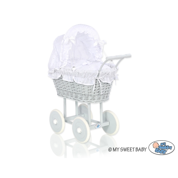 Rieten poppenwagen met kap Wit Grijs