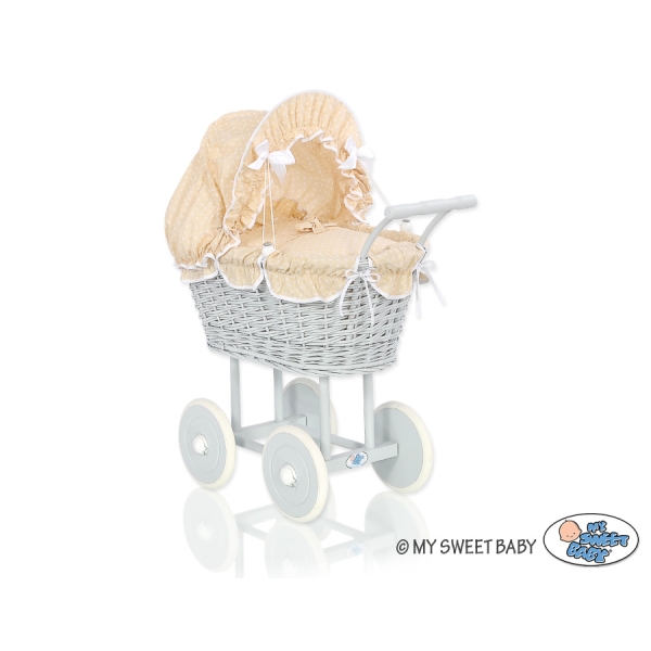 Rieten poppenwagen met kap Wit Grijs Beige Polkaprikker