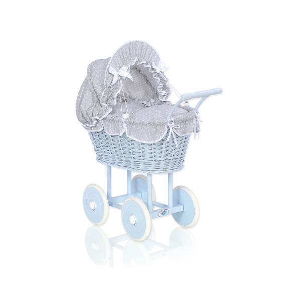 Rieten poppenwagen met kap Wit Grijs Blauw Polkaprikker