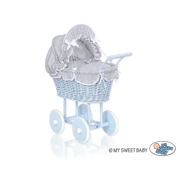 Rieten poppenwagen met kap Wit Grijs Blauw Polkaprikker