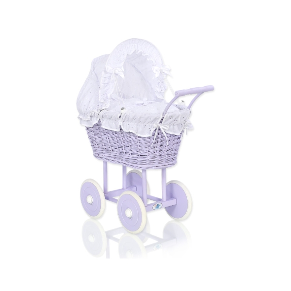 Rieten poppenwagen met kap Wit Purper