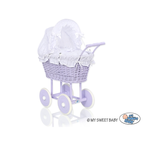 Rieten poppenwagen met kap Wit Purper