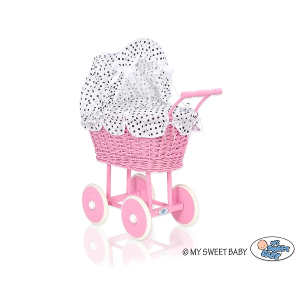 Rieten poppenwagen met kap Wit Zwart Polkaprikker