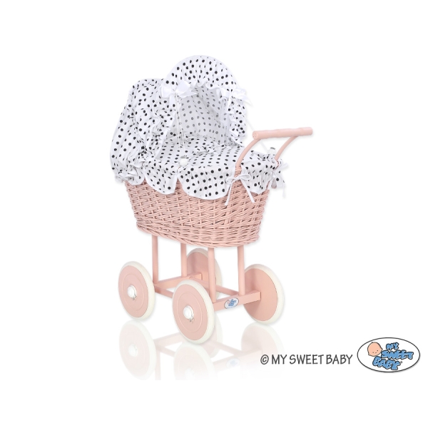 Rieten poppenwagen met kap Wit Zwart Polkaprikker Poederroze
