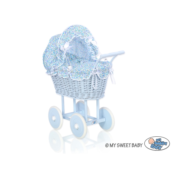 Rieten poppenwagen met stoffen kap Blauw Blauw Bloemenweide Bloemen