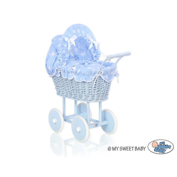 Rieten poppenwagen met stoffen kap Blauw Polkaprikker