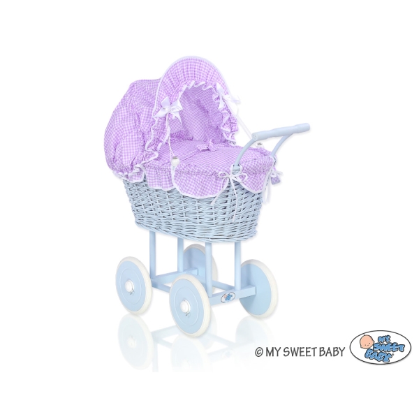 Rieten poppenwagen met stoffen kap Blauw Purper Geruit