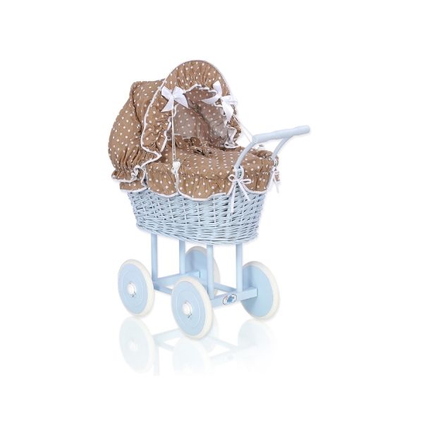 Rieten poppenwagen met stoffen kap Bruin Blauw Polkaprikker